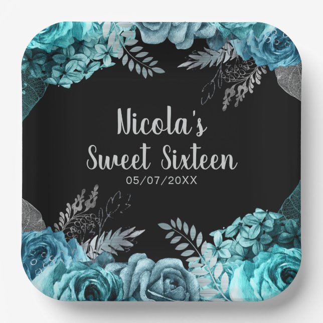 Elegant Teal Blue and Silver Flowers Sweet Sixteen Pappteller (Vorderseite)