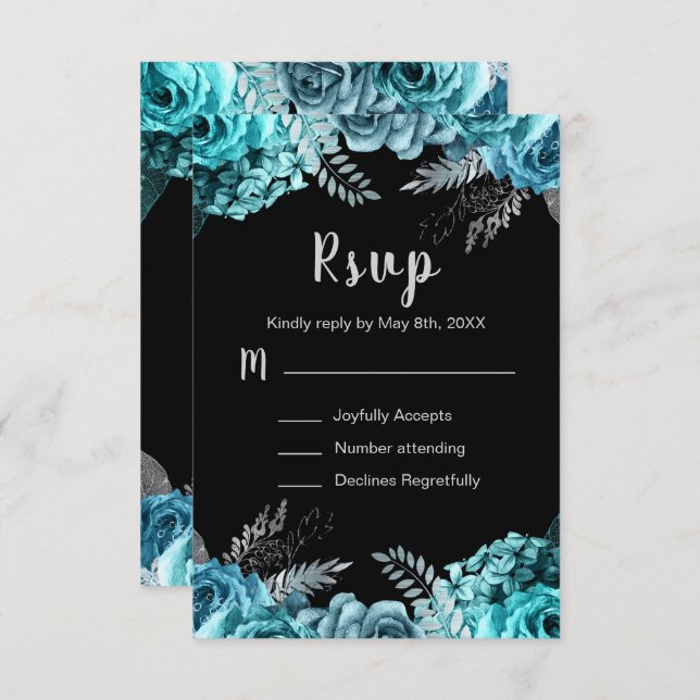 Elegant Teal Blue and Silver Flowers Sweet Sixteen RSVP Karte (Vorne/Hinten)