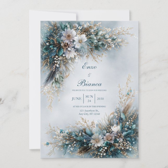 Elegant Teal Blue Floral Gold Feather Wedding Einladung (Vorderseite)