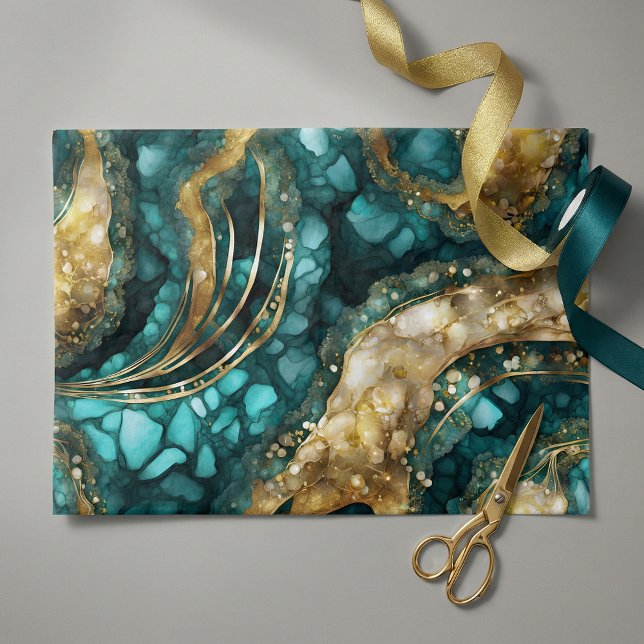 Elegant Teal Blue Gold Agate Geode Marble Abstract Seidenpapier (Von Creator hochgeladen)