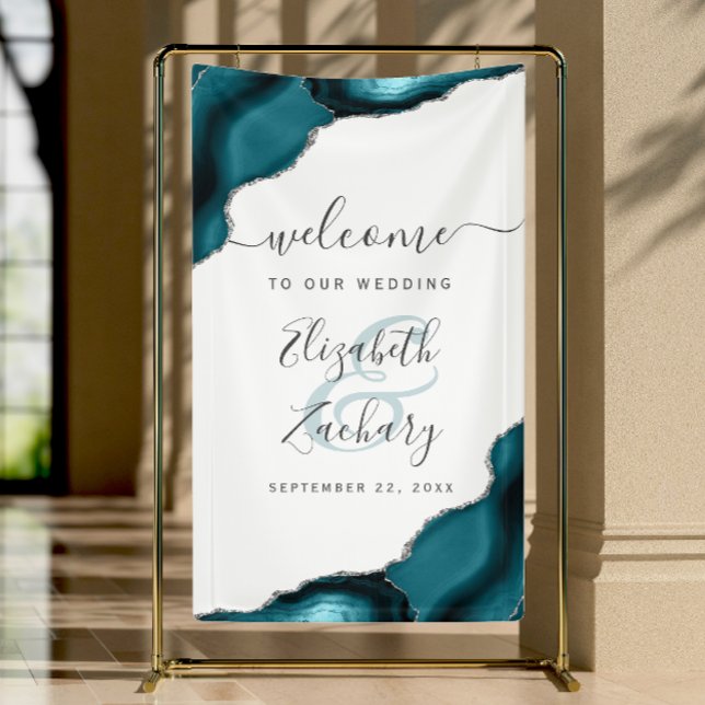 Elegant Teal Blue Silver Agate Wedding Welcome Banner (Von Creator hochgeladen)