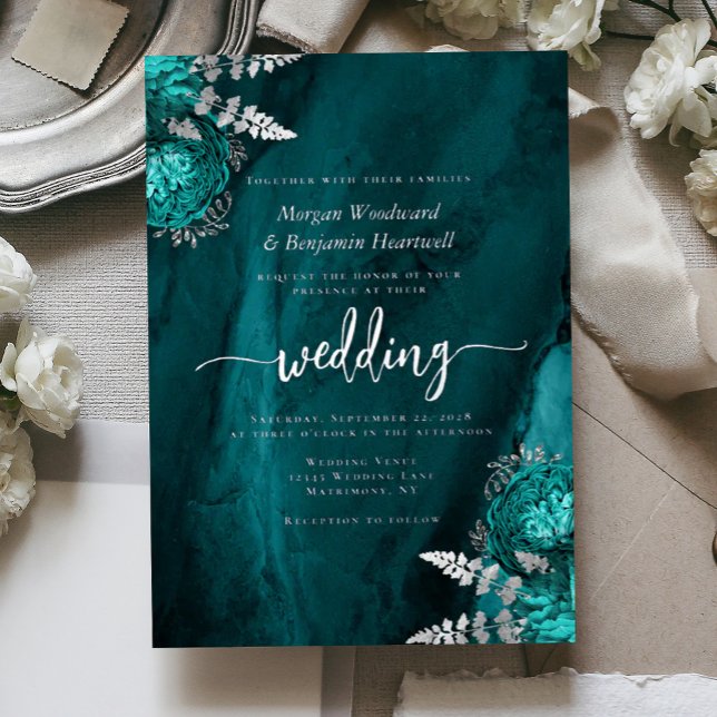 Elegant Teal Blue Silver Floral Wedding Folieneinladung (Von Creator hochgeladen)