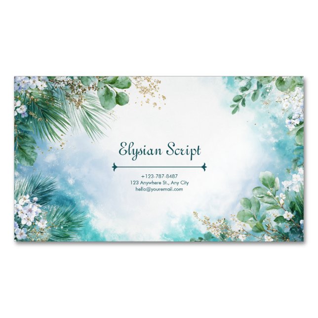 Elegant Teal Botanical Gold Sparkle Watercolor Magnetische Visitenkarte (Vorderseite)