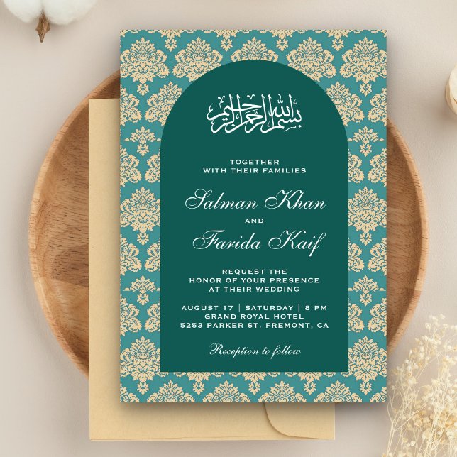 Elegant Teal Damask Arabian Arch Islamic Wedding Einladung (Von Creator hochgeladen)