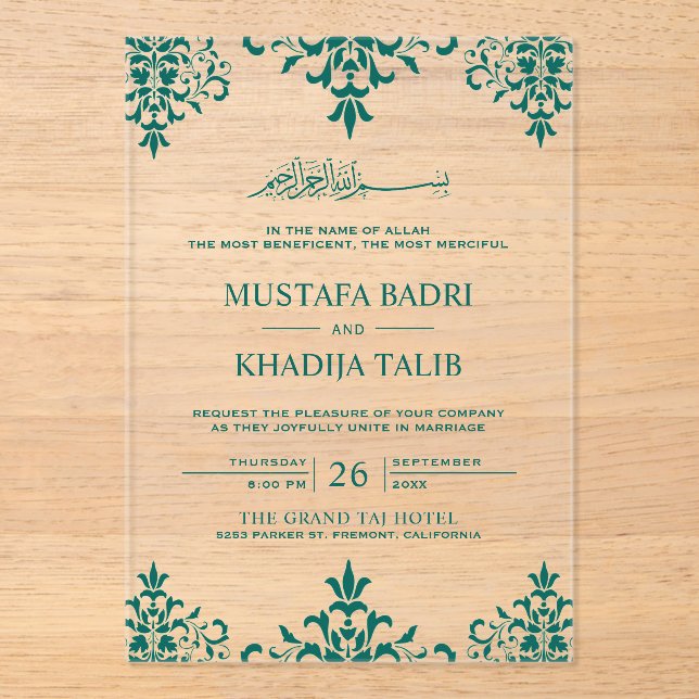 Elegant Teal Damask Islamic Wedding Acryleinladungen (Vorderseite)