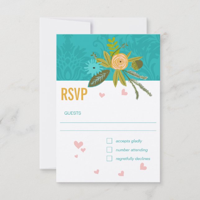 Elegant Teal Damask Turquoise Pink Gold Wedding  RSVP Karte (Vorderseite)