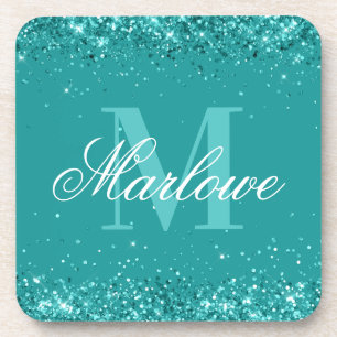 Elegant Teal Glitter Blue Green Monogram Getränkeuntersetzer