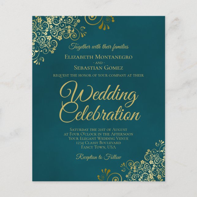 Elegant Teal & Gold BUDGET Wedding Invitation (Vorderseite)