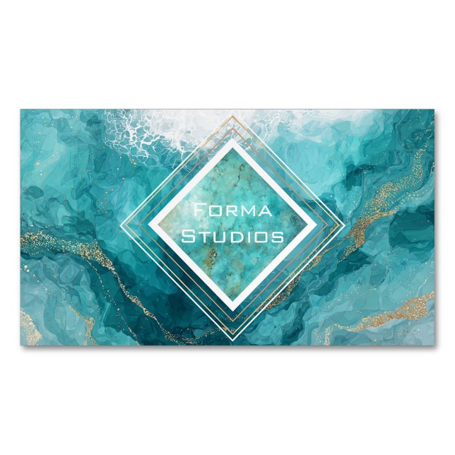 Elegant Teal Gold Ocean Wave Liquid Marble Magnetische Visitenkarte (Vorderseite)