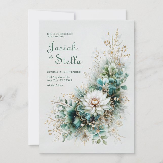 Elegant Teal Green Gold White Floral Wedding Einladung (Vorderseite)