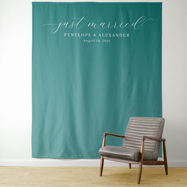 Elegant Teal Just Married Wandteppich (Beispiel)