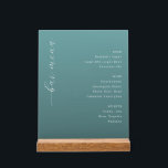 Elegant Teal Minimalist Bar Menu Acrylschild<br><div class="desc">This elegant wedding menu card features a minimalist design with a calming teal background and clean, modern typography. The layout is structured into three sections—Beer, Wine, and Spirits—with each category listed in an organized manner using a simple sans-serif font that contrasts beautifully with the cursive "bar menu" script on the...</div>