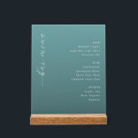 Elegant Teal Minimalist Bar Menu Acrylschild<br><div class="desc">This elegant wedding menu card features a minimalist design with a calming teal background and clean, modern typography. The layout is structured into three sections—Beer, Wine, and Spirits—with each category listed in an organized manner using a simple sans-serif font that contrasts beautifully with the cursive "bar menu" script on the...</div>