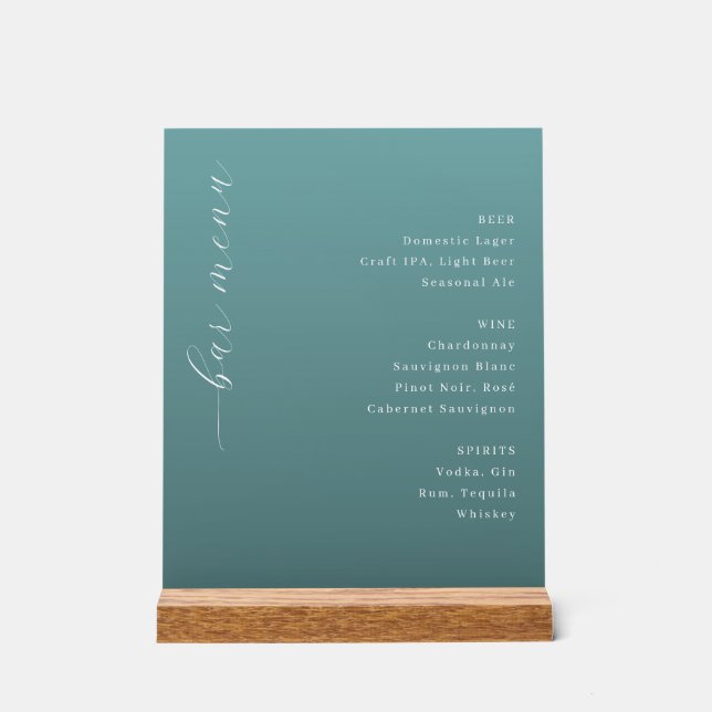 Elegant Teal Minimalist Bar Menu Acrylschild (Vorderseite)