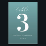 Elegant Teal Number Three Tischnummer<br><div class="desc">This elegant wedding table card features a minimalist design with a calming teal background and crisp white text. The focal point is the large, bold numeral "3" centered on the card, surrounded by an assortment of fonts that add visual interest without cluttering the layout. Customizable placeholders for names and dates...</div>
