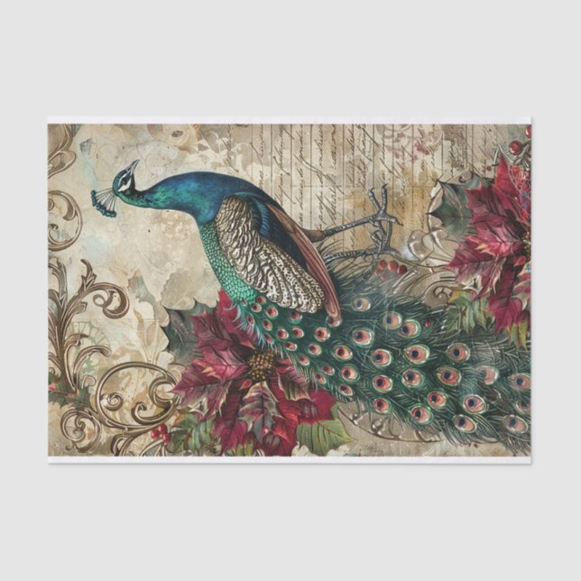 Elegant Teal Peacock Christmas Decoupage Seidenpapier (Vorderseite)