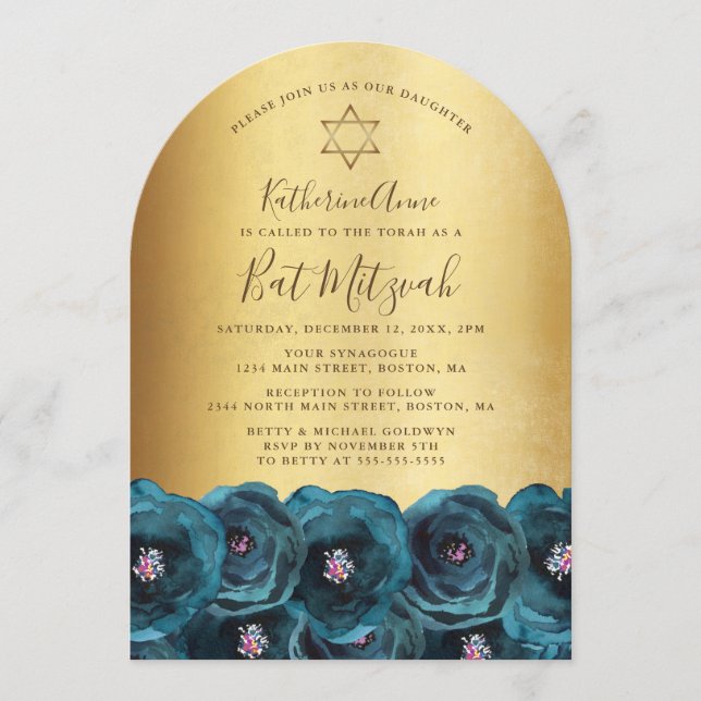 Elegant Teal Rose Floral Gold Bat Mitzvah Einladung (Vorderseite)