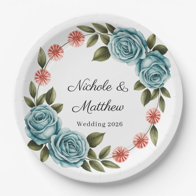 Elegant Teal Rose & Orange Daisey Wedding Pappteller (Vorderseite)