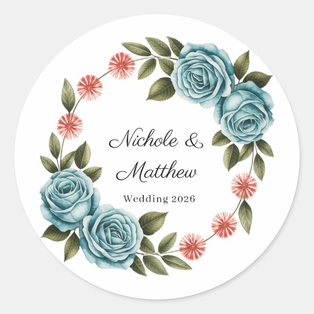 Elegant Teal Rose & Orange Daisey Wedding Runder Aufkleber (Vorderseite)