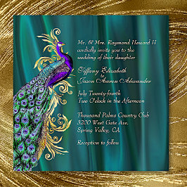 Elegant Teal Satin and Peacock Wedding Invitation Einladung