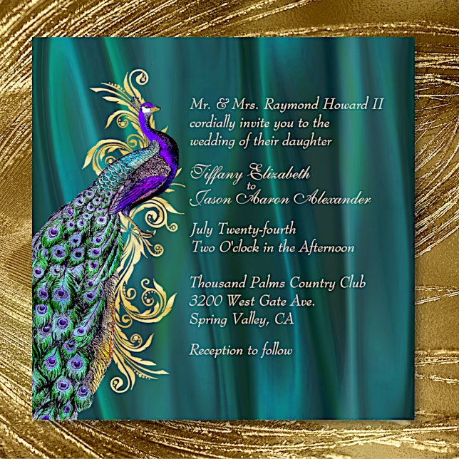Elegant Teal Satin and Peacock Wedding Invitation Einladung (Von Creator hochgeladen)