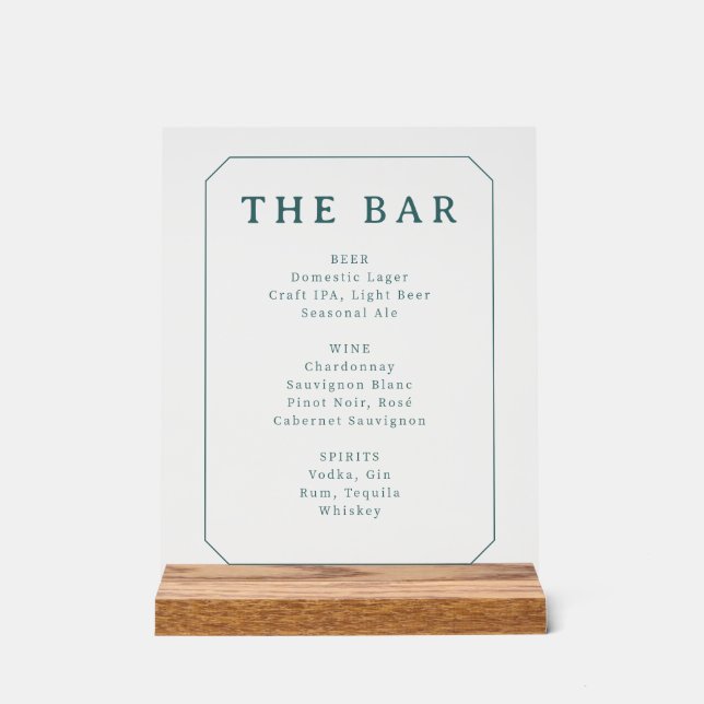 Elegant Teal Serif Bar Menu Acrylschild (Vorderseite)