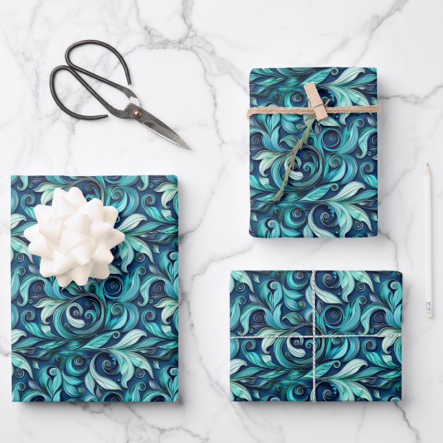 Elegant teal swirl leaf pattern  geschenkpapier set (Vorderseite)