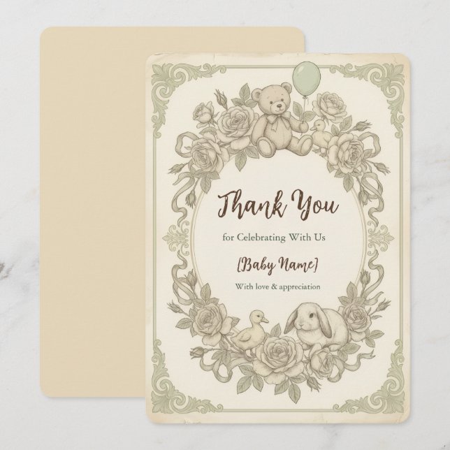 Elegant Teddy Bear Baby Shower Thank You Card, Bot Dankeskarte (Vorne/Hinten)