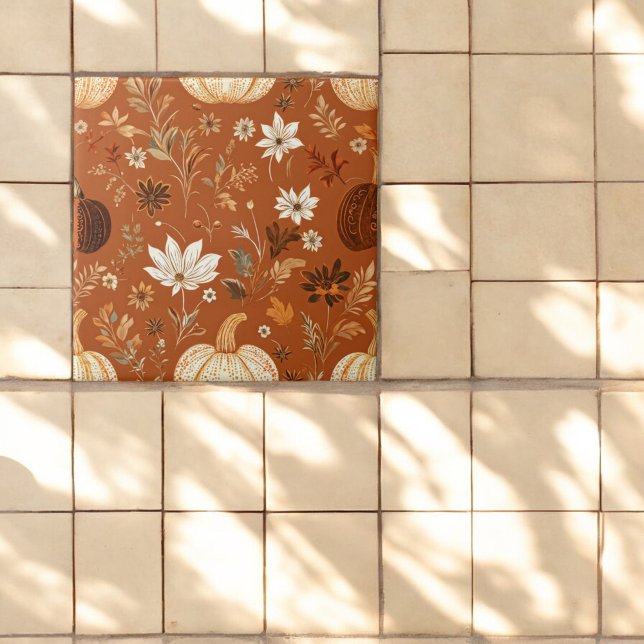 Elegant Terra Cota Pumpkin Herbst Blumenmuster Fliese (Von Creator hochgeladen)