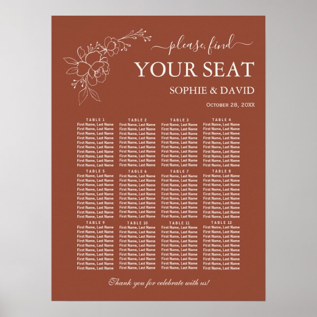 Elegant Terracotta 12 Table Seating Chart Wedding Poster (Vorne)