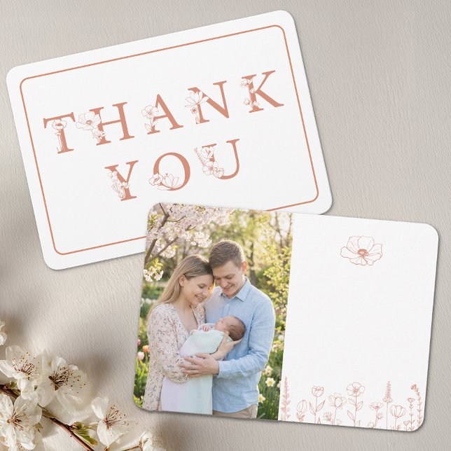 Elegant Terracotta Baby Shower Photo Dankeskarte (Floral Terracotta Thank You Card)
