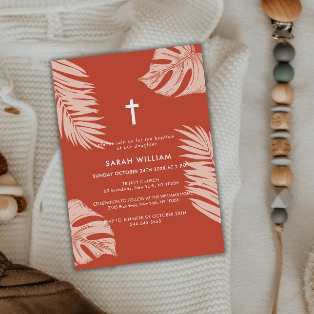 Elegant Terracotta Boho Blätter Cross Taufen Einladung (Elegant Terracotta Boho Leave Gold Cross Baptism Invitation)
