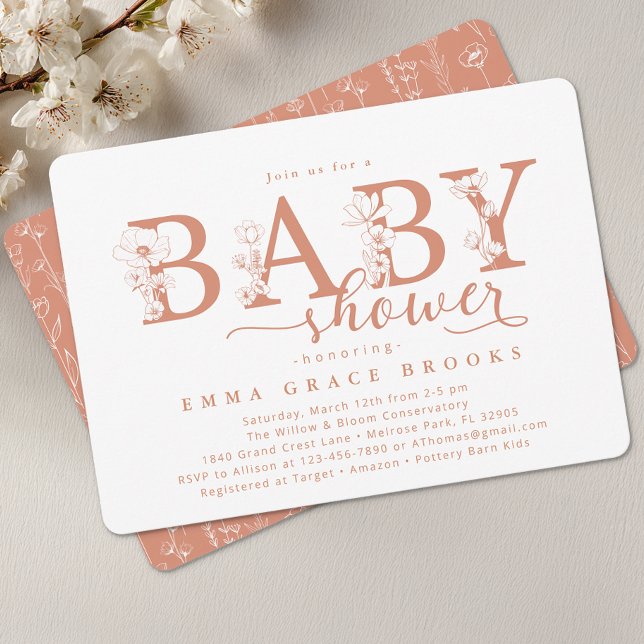 Elegant Terracotta Floral Baby Shower Typography Einladung (Floral Baby Shower Invite)