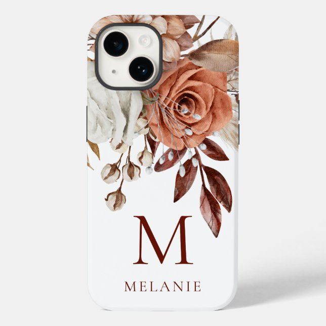Elegant Terracotta Florals Monogramm Anfangsname Case-Mate iPhone Hülle (Rückseite)