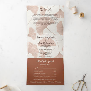 Elegant Terracotta Ginkgo Foliage Wedding Dreifach Gefaltete Einladung