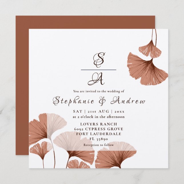 Elegant Terracotta Ginkgo Foliage Wedding Einladung (Vorne/Hinten)