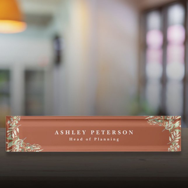 Elegant Terracotta Gold Garenerena Schreibtisch Na Namensplakette (Elegant Terracotta Gold Greenery Desk Name Plate)