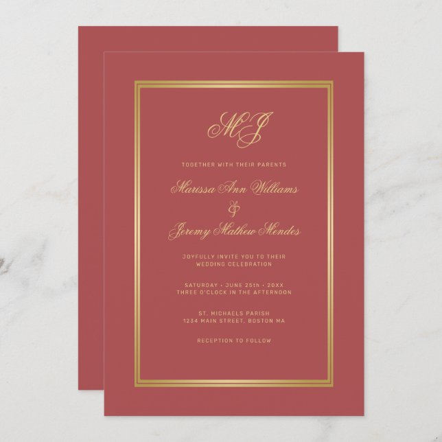 Elegant Terracotta Gold Monogram Script Wedding Einladung (Vorne/Hinten)