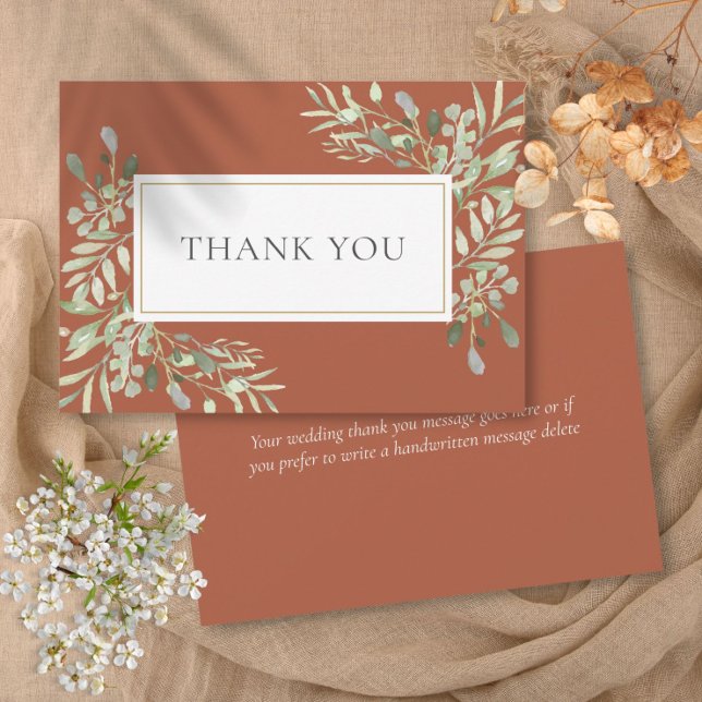 Elegant Terracotta Greenery Leaves Wedding Dankeskarte (Elegant Terracotta Greenery Leaves Wedding Thank You Card)