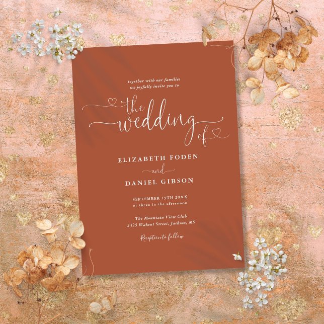 Elegant Terracotta Hearts Calligraphy Wedding Einladung (Elegant Terracotta Hearts Calligraphy Wedding Invitation)