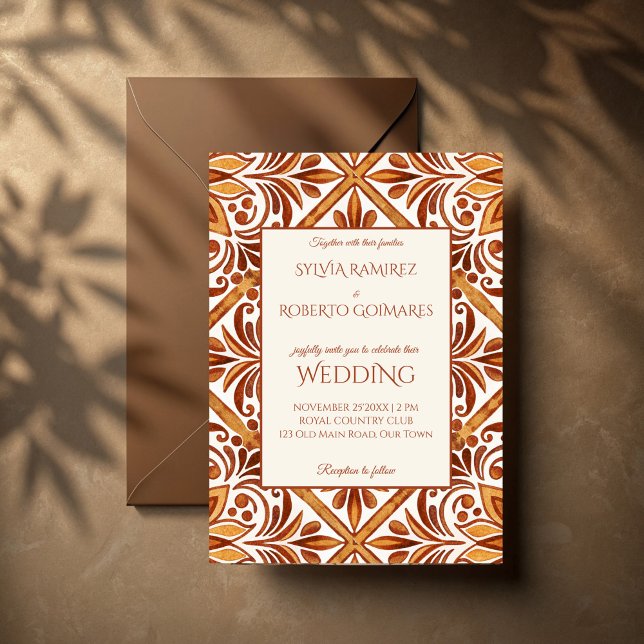 Elegant Terracotta Mexican Talavera Hochzeit Einladung (Terracotta Mexican Talavera wedding Invitation template elegant vintage Talavera wedding invites )