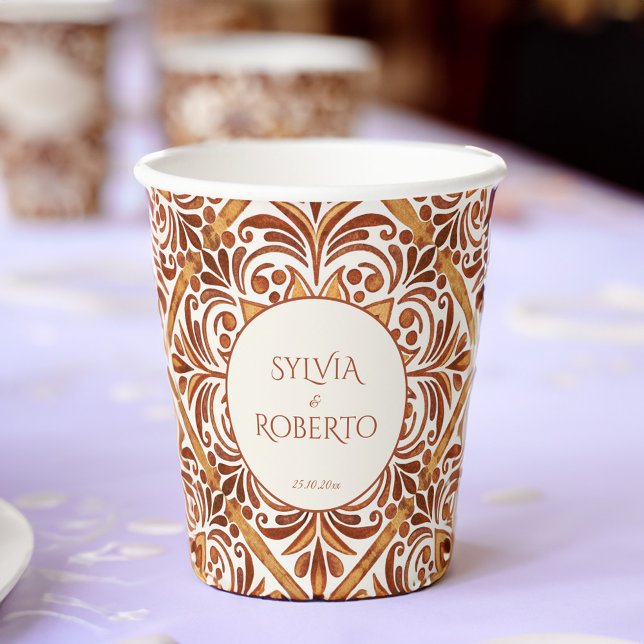 Elegant Terracotta Mexican Talavera Hochzeit Pappbecher (Elegant Terracotta Talavera vintage Mexican wedding monogrammed Paper Cups personalized tableware)