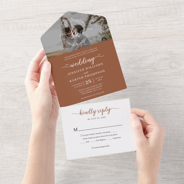 Elegant Terracotta Monogram Foto UAwg Wedding All In One Einladung (Abreißen)