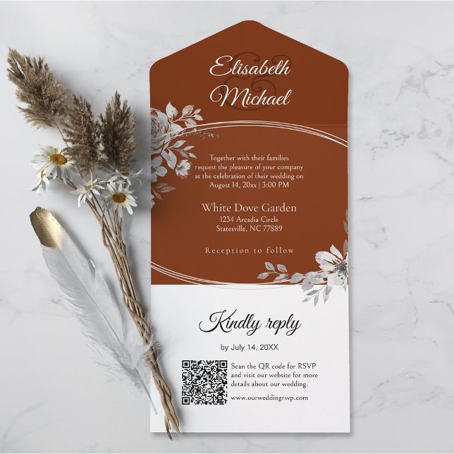 Elegant Terracotta QR Code Monogram Wedding RSVP All In One Einladung (All-in-one wedding invitation with QR code to RSVP - Simplify and save time for you and your guests.)