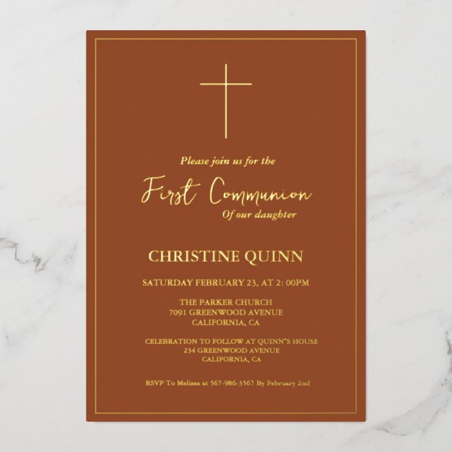 Elegant Terracotta und Gold Folieneinladung (Vorderseite)