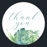 Elegant Thank You Tropical Wedding Stickers<br><div class="desc">These wedding stickers feature watercolor monstera and palm leaves. The words "Thank You" are set in elegant script typography. To see the matching tropical wedding theme visit www.zazzle.com/dotellabelle 

Watercolor art and design by Victoria Grigaliunas</div>