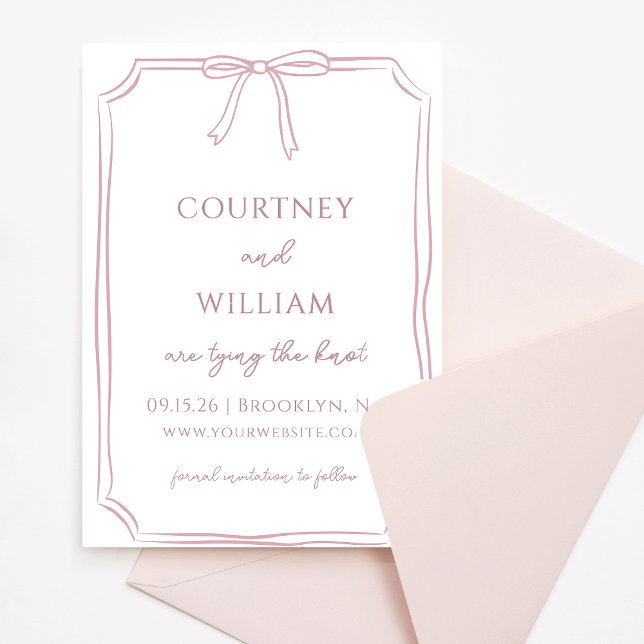 Elegant "The Knot binden" HandGezeichnet Bow Dusty Save The Date (Invite your guests with this delicate dusty rose invitation—perfect for romantic, intimate weddings.)