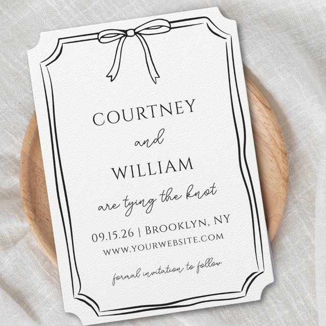 Elegant "The Knot binden" HandGezeichnet Bow Moder Save The Date (Classic black and white Save the Date card with an elegant bow design—customizable for your wedding.)