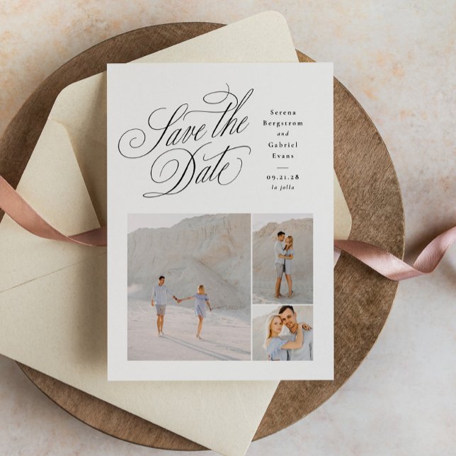 Elegant three photo black and white wedding save the date (Von Creator hochgeladen)