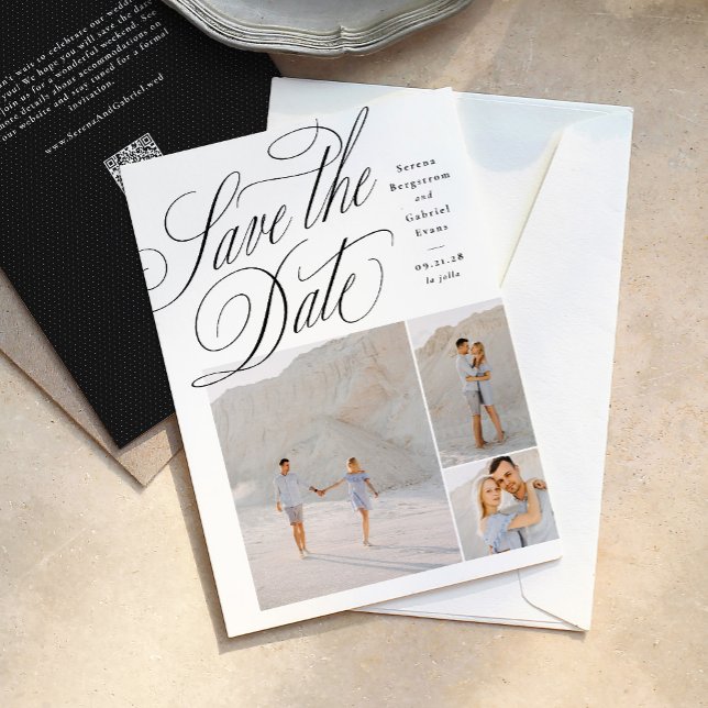 Elegant three photo black and white wedding save the date (Von Creator hochgeladen)